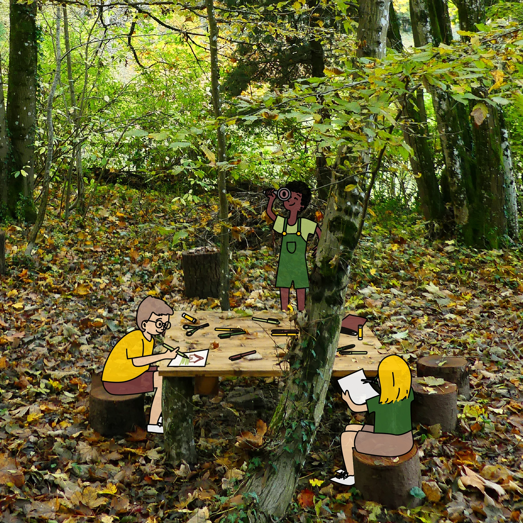 HULOTTE ET BARBOULOTTE DESSIN D'ENFANTS QUI JOUENT DANS LES BOIS