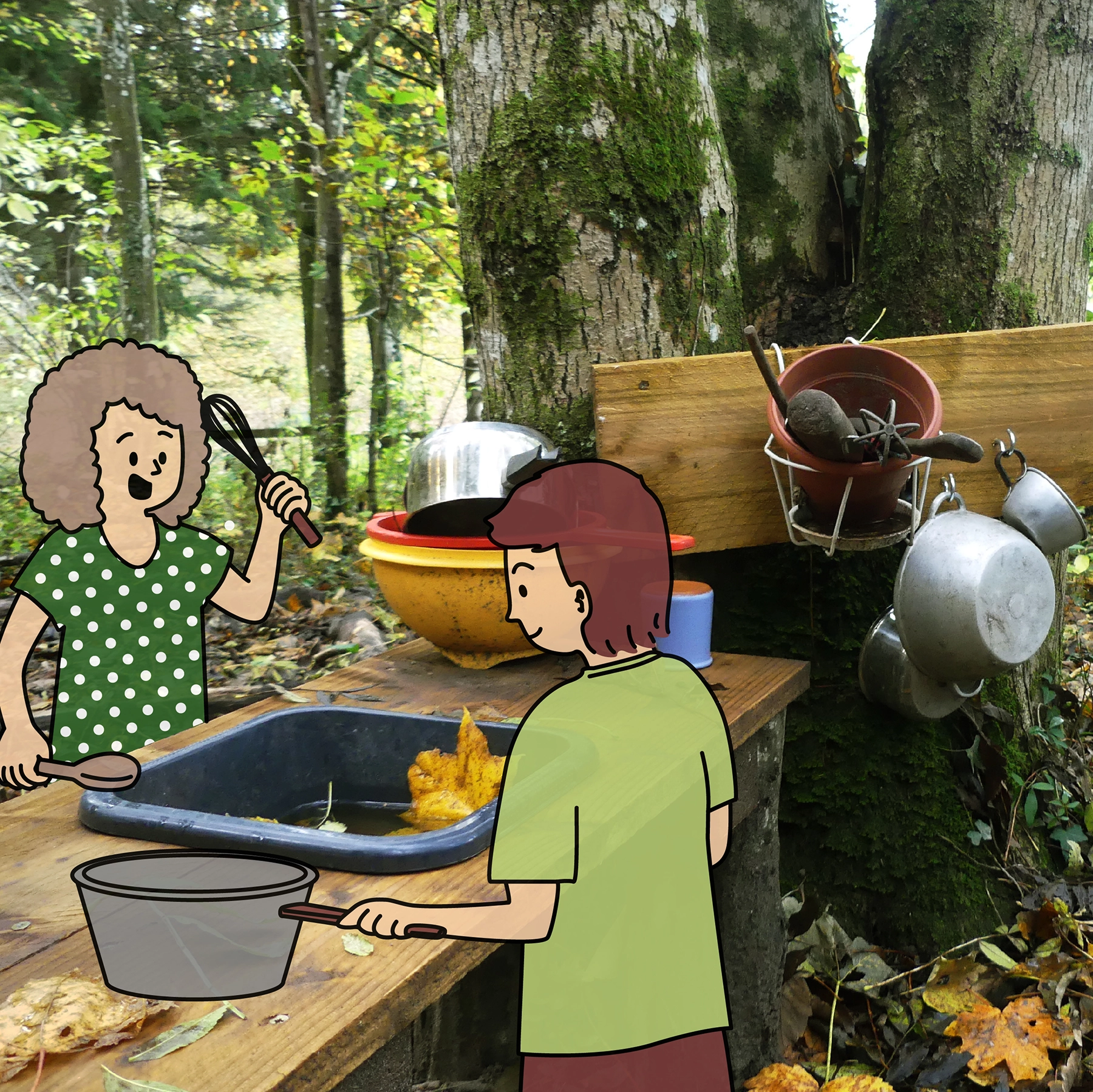 HULOTTE ET BARBOULOTTE DESSIN D'ENFANTS QUI JOUENT DANS LES BOIS